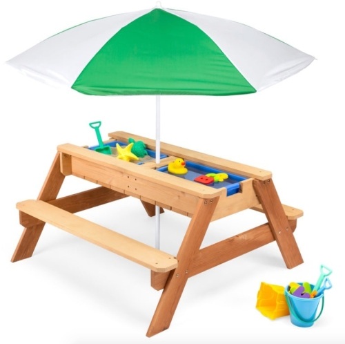 3-in-1 Kids Sand & Water Table Outdoor Wood Picnic Table w/ Umbrella, Green - Lot 571