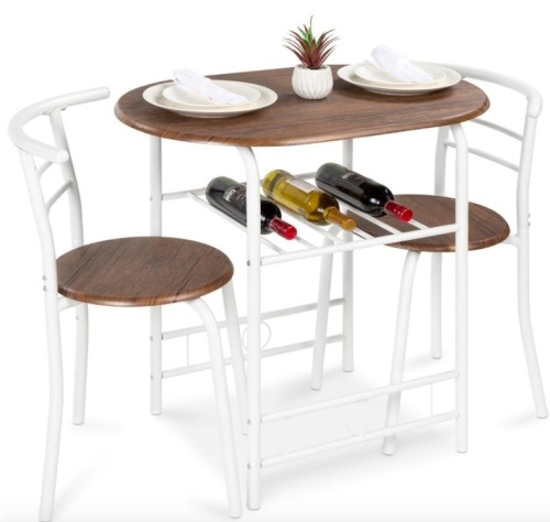3-Piece Wooden Table & Chairs Dining Set w/ Lower Storage Shelf, White/Brown, Missing Hardware - Lot 572
