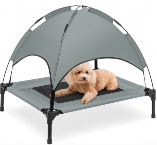 Elevated Cooling Dog Bed, Outdoor Pet Cot w/ Canopy, Carry Bag - 30in, Gray - Lot 384