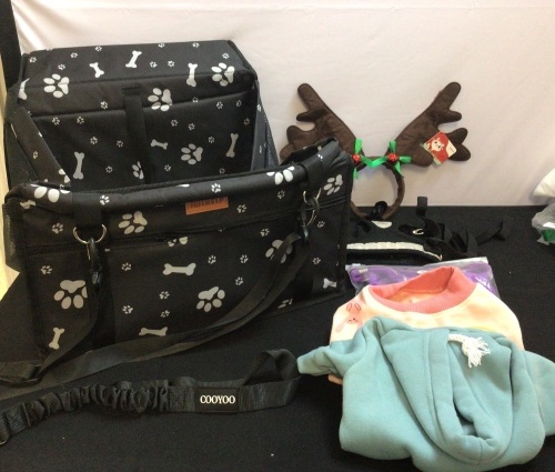 Bundle of Pet Supplies-Car Seat, Seat Belt, Hoodie(S), Shirt(S), Reindeer Headband, Purple Harness(S), Black Harness(S, Used) - Lot 95