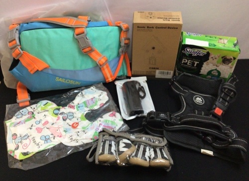 Bundle of Dog Supplies-Dog Life Vest, Shoes, Swiffer Pet Dust Cloths, Harness, Bark Control Device, Handheld Bark Control Device, Shirt - Lot 96