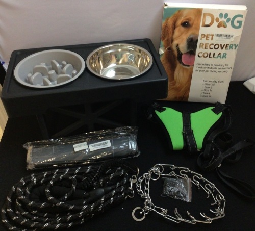 Bundle of Dog Supplies-Water/Food Bowl Stand, Recovery Collar(L), Training Collar, Feeding Mat, Leash, Harness(XL) - Lot 101