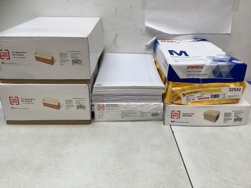 Legal Size Office Supply Bundle, Includes: 50 - 31/2 Expanding File Pockets, 100 Manilla Folders, 1 Pack Yellow Paper, 1 Pack White Paper, & 23 Standard Notepads - Lot 121