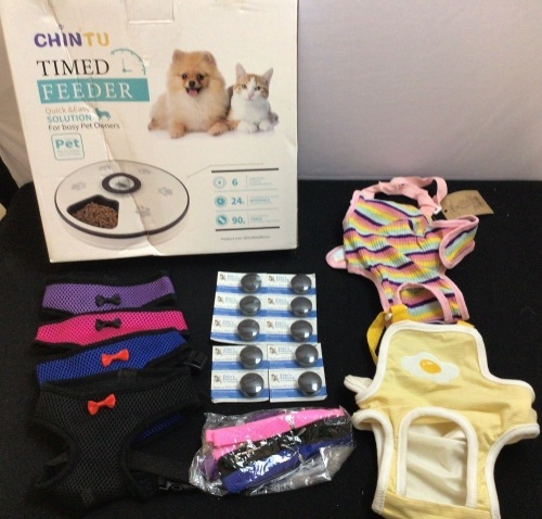 Bundle of Pet Supplies-Water Fountain, Fido's Fences 6V Replacement Batteries, 4 Harnesses(M), 2 Shirts(M) - Lot 138
