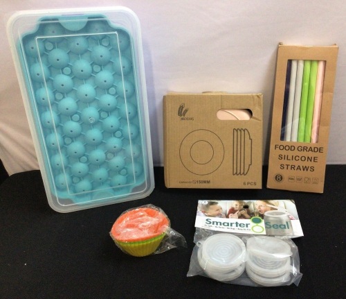 Bundle of Kitchen Items-2 Ice Cube Trays, 6pk Dessert Plates, Silicone Straws, 6pk Silicone Baking Cups, 6pk Silicone Can Seals - Lot 156
