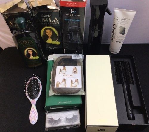 Bundle of Hair Supplies-Round Brush, Hair Extensions, 2 Bottles of Hair Oil, Shampoo(sealed), Sm Wet Brush, Spray Water Bottle - Lot 158