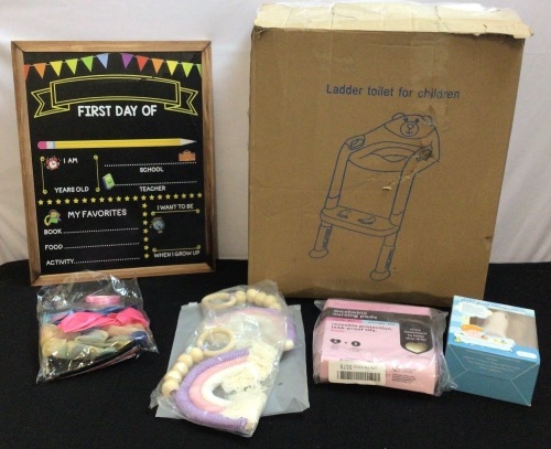 Bundle of Baby/Toddler Items-1st Day/Last Day Board, Toilet Ladder, Gender Reveal Party Pack, 2pk Rainbow Decor, Nursing Pads, Bath Thermometer - Lot 172