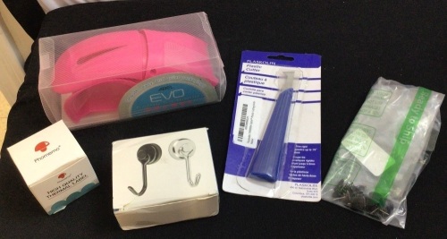 Bundle of Office Supplies-Packing Tape Dispenser, Magnetic Hooks, Thermal Labels, Plastic Cutter, Decorative Thumbtacks - Lot 178