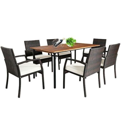 7-Piece Rattan Wicker Patio Cushioned Outdoor Dining Set with White Cushion, Umbrella Hole - Lot 94