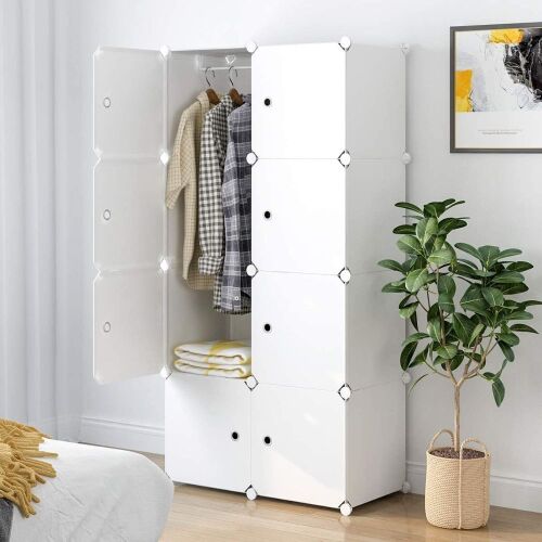 Aeitc Portable Wardrobe Closets 14"x18" Depth Bedroom Armoire, Clothes Storage Organizer with Doors, 8 Cubes, White  - Lot 916