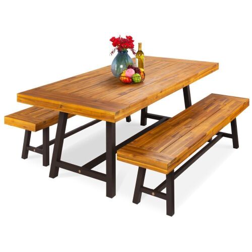 3-Piece Indoor Outdoor Acacia Wood Picnic Dining Table Furniture, Seats Up to 6 - Lot 76