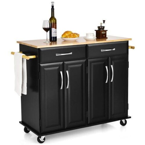 4-Door Rolling Kitchen Island Cart Buffet Cabinet w/ Towel Racks - Lot 95