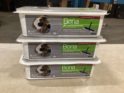 Lot of (3) Bona Hard-Surface Floor Disposable Wet Cleaning Pads, 12-Pack - Lot 320