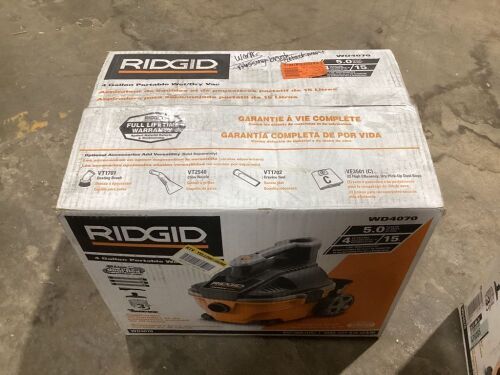 RIGID 4 Gallon 5.0 Peak HP Portable Wet/Dry Shop Vacuum with Fine Dust Filter, Locking Hose and Accessories - Lot 547