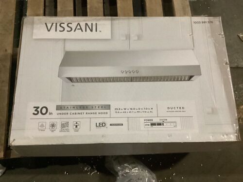 Vissani 30 in. W Under Cabinet Range Hood in Stainless Steel - Unknown if Complete, Missing Hardware, Damaged Filter  - Lot 442