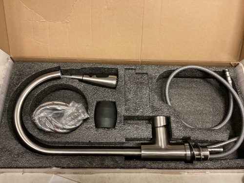 Single Handle Kitchen Faucet w/ Pull Out Sprayer, Brushed Nickel, 10" Cover - Lot 454