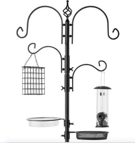 4-Hook Bird Feeding Station, Steel Feeder Stand w/ 2 Bird Feeders - 91in, Black, May Be Missing Hardware - Lot 617