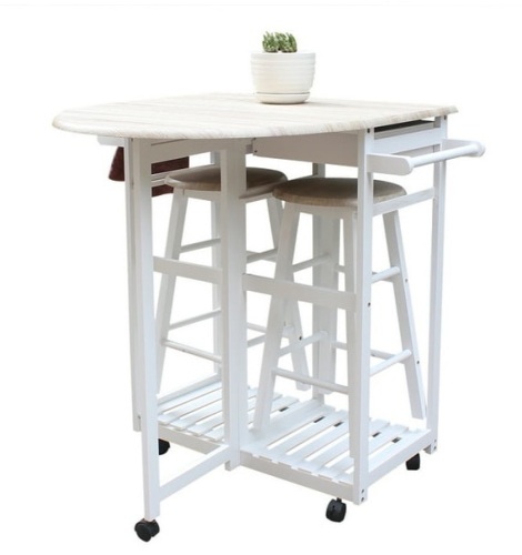 Foldable Kitchen Cart With Round Stools, White - Lot 102