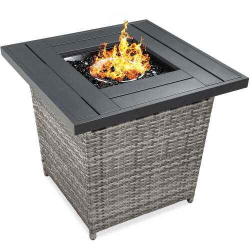 28in Fire Pit Table 50,000 BTU Wicker Propane w/ Faux Wood Tabletop, Cover - Lot 7794