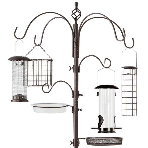 Bird Feeding Station, 6-Hook Steel Multi-Feeder Stand w/ 4 Feeders - Lot 7892