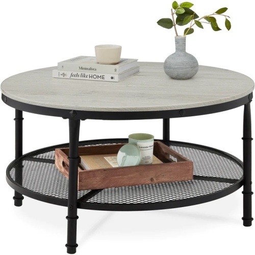 2-Tier Round Industrial Wood & Steel Coffee Table, Storage Shelves - 35.5in - Lot 7920
