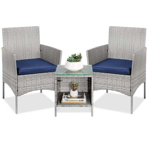 3-Piece Outdoor Patio Wicker Bistro Set w/ Side Storage Table - Lot 156