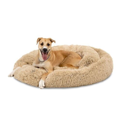 45" Self-Warming Shag Fur Calming Pet Bed w/ Water-Resistant Lining - Brown  - Lot 183