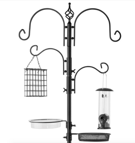 4-Hook Bird Feeding Station, Steel Feeder Stand w/ 2 Bird Feeders - 91in, Black, Missing 1 Hook - Lot 176