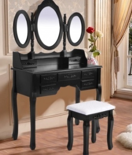 Tri Folding Oval Mirror Wood Vanity Set w/ Stool & 7 Drawers,  Black - Lot 604