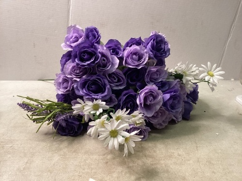 Lot of Artificial Flowers, 2 White, 1 Lavender, 7 Purple Rose Bundles - Lot 102