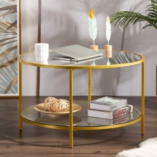 31.5" 2-Tier Temperred Glass Round Coffee Table w/ Golden Metal Frame, Missing Hardware - Lot 839