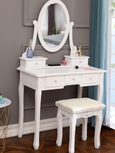 Edie Solid Wood Vanity Set w/ Stool, Mirror, Missing Hardware - Lot 778