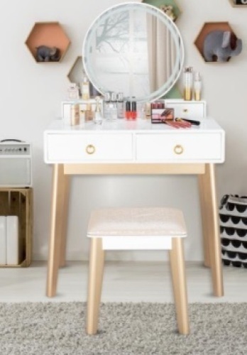 Vanity Table Set with Adjustable Brightness Mirror and Cushioned Stool, Missing Hardware - Lot 838