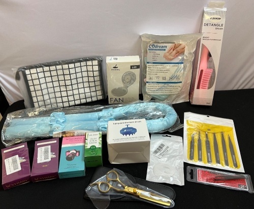 Bundle of Beauty Supplies -Makeup Bag, Mirror Fan, Moisturizing Socks, Tweezer Set, Scalp Brush, Heatless Curls Maker, Bra Strap Clips, 3 Pks Tattoo Lipsticks, Clay Mask Stick, Thinning Shears - Lot 105
