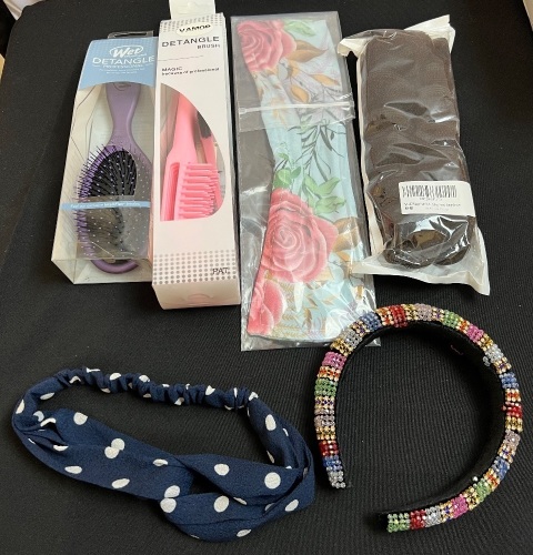 Bundle of Hair Supplies-Wet Brush, Detangle Brush, 2 Headbands, 2 Brown Bun Makers, 2 Floral Bun Maker - Lot 110