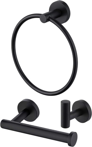 3pc Black Bathroom Hardware Set - Toilet Paper Holder, Towel Ring, Robe Hook - Lot 301