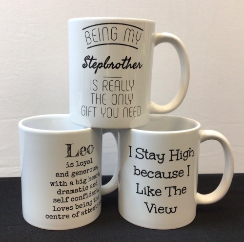 Lot of (3) Ceramic Mugs - Stepbrother, Leo & I stay high... - Lot 418