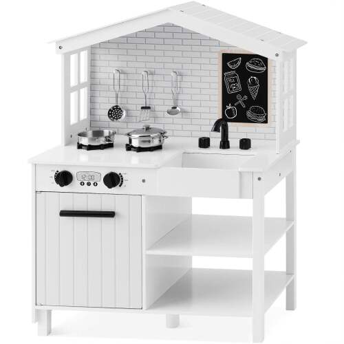 Kids Farmhouse Play Kitchen w/ Chalkboard, Storage Shelves, 5 Accessories - Lot 8063