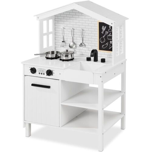 Kids Farmhouse Play Kitchen w/ Chalkboard, Storage Shelves, 5 Accessories  - Lot 480