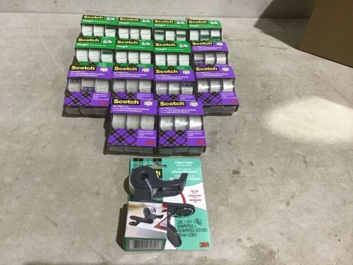 Lot of (14) Scotch Tape, 3 Packs & (1) Clip & Twist Dispenser  - Lot 1162