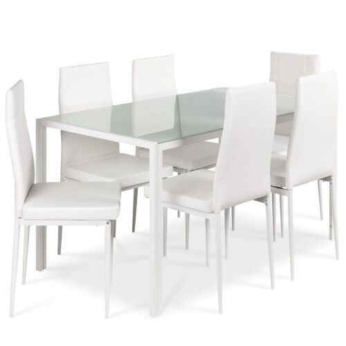 7-Piece Modern Dining Room Table Set, Home Furniture w/ 6 Cushioned Chairs, Glass Tabletop - White - Lot 100