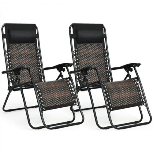 2 Piece Folding Patio Rattan Zero Gravity Lounge Chair-Coffee  - Lot 781
