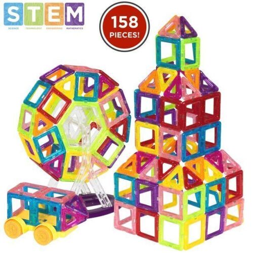 158-Piece Kids Mini Clear Magnetic Building Block Tile Toy Set for Education, STEM - Lot 856