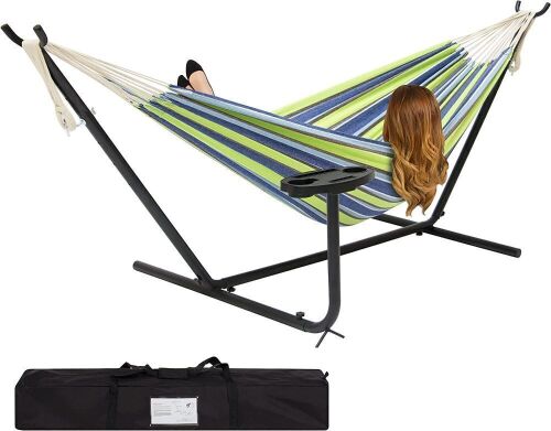 Double Hammock Set w/ Steel Stand, Cup Holder, Tray and Carrying Bag  - Lot 655