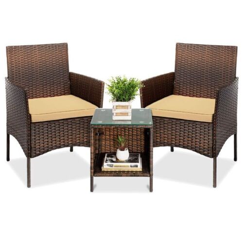3-Piece Outdoor Patio Wicker Bistro Set w/ Side Storage Table  - Lot 1070