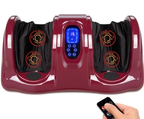 Therapeutic Foot Massager w/ High Intensity Rollers, Remote, 3 Modes, Burgundy - Lot 180