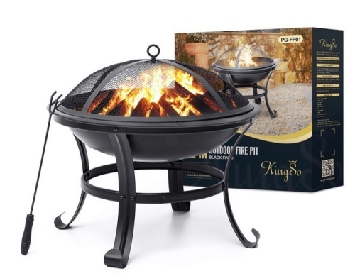 KingSo 22" Wood Burning Fire Pit, Round Steel, Black, Missing Hardware - Lot 261