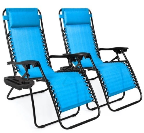 Set of 2 Adjustable Zero Gravity Patio Chair Recliners w/ Cup Holders, Aqua Blue - Lot 320