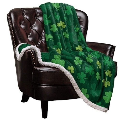 Sherpa Fleece Blanket, St. Patrick's Day Green Shamrocks Pattern, 50"x80" - Lot 407