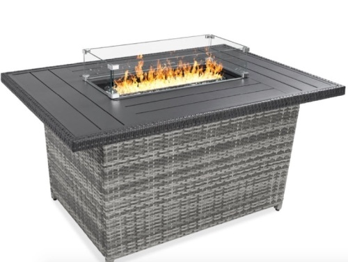 Wicker Propane Fire Pit Table, 50,000 BTU, 52in, Gray, Missing Glass Wind Guard & Glass Rocks, Missing Hardware - Lot 56